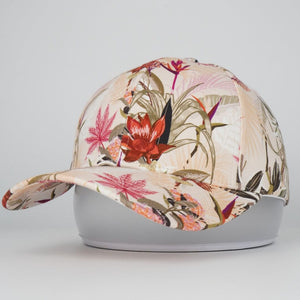 Floral-patterned cap on a light gray background