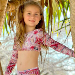 Young girl in a pink swimsuit standing among palm trees
