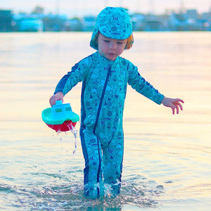 NEW! Baby Full Length Zip Sunsuit & Hat Set | Marine