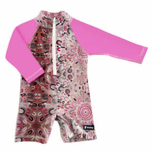 Children's swimsuit with pink sleeves and patterned body on a white background