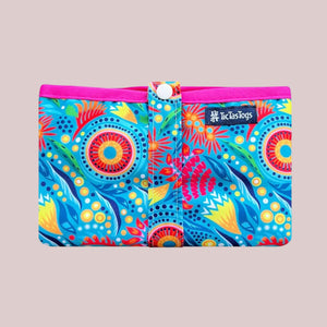 Colorful patterned change mat with pink lining