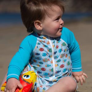 baby-boy-wearing-fish-print-and-blue-sleeves swimsuit